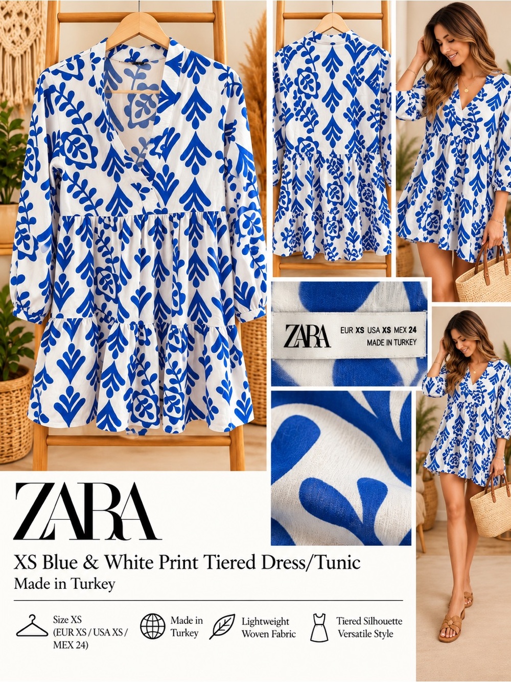 Zara Blue & White Floral-Print Tiered Mini Dress Size XS